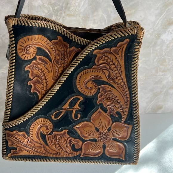Vintage Handbag Handmade Black & Brown Leather Hand Tooled Floral - Picture 2 of 16